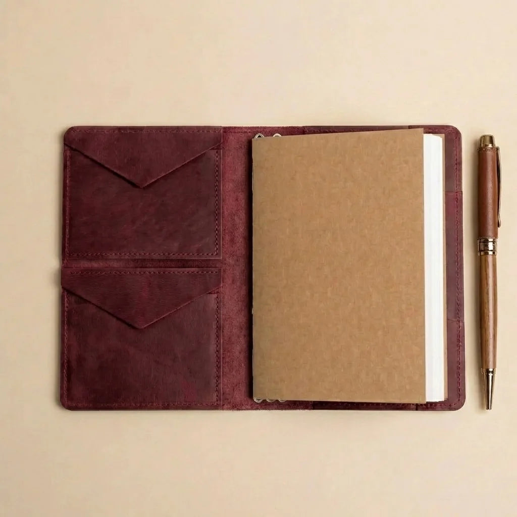 Brown leather notebook cover with a pen on a beige background