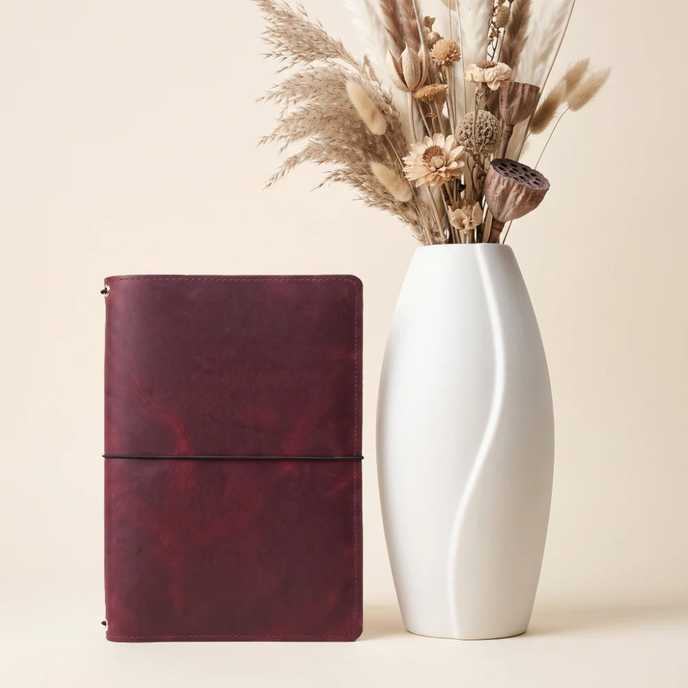 Natural leather notebook sleeve designed to keep three removable inserts aligned.