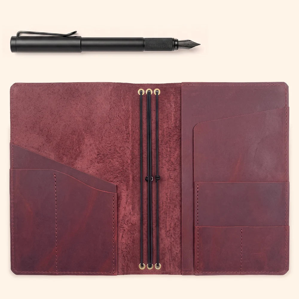 Handmade natural leather notebook cover with three flexible elastic holders inside.