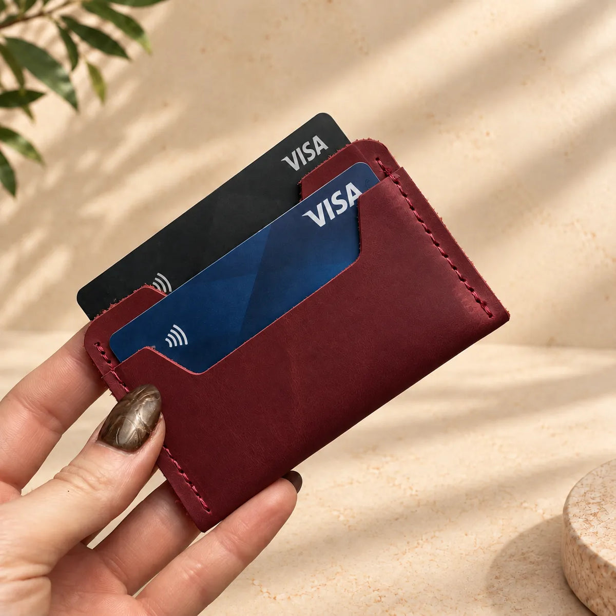 Handmade genuine leather wallet with two simple card slots