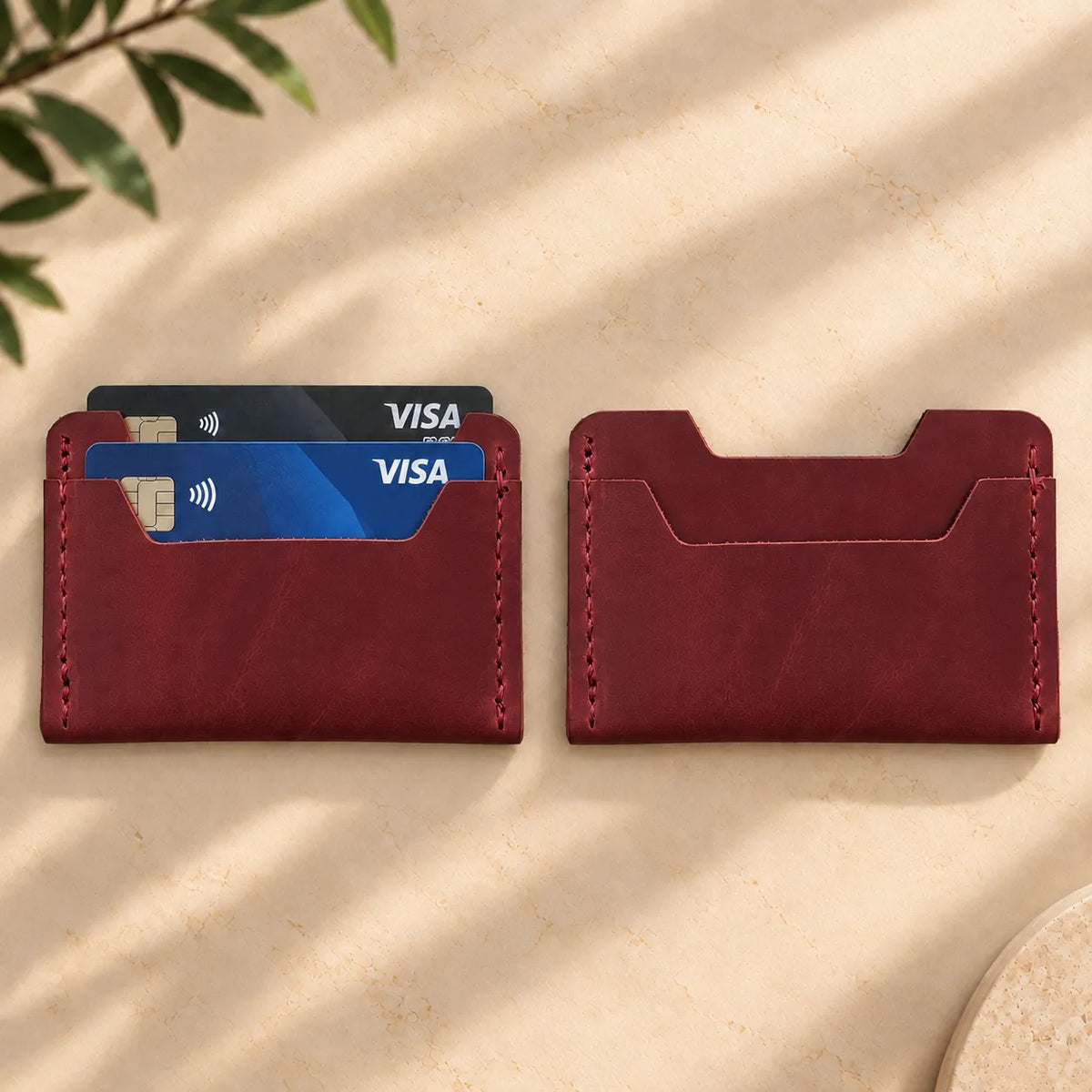 Slim leather card holder for carrying credit and debit cards