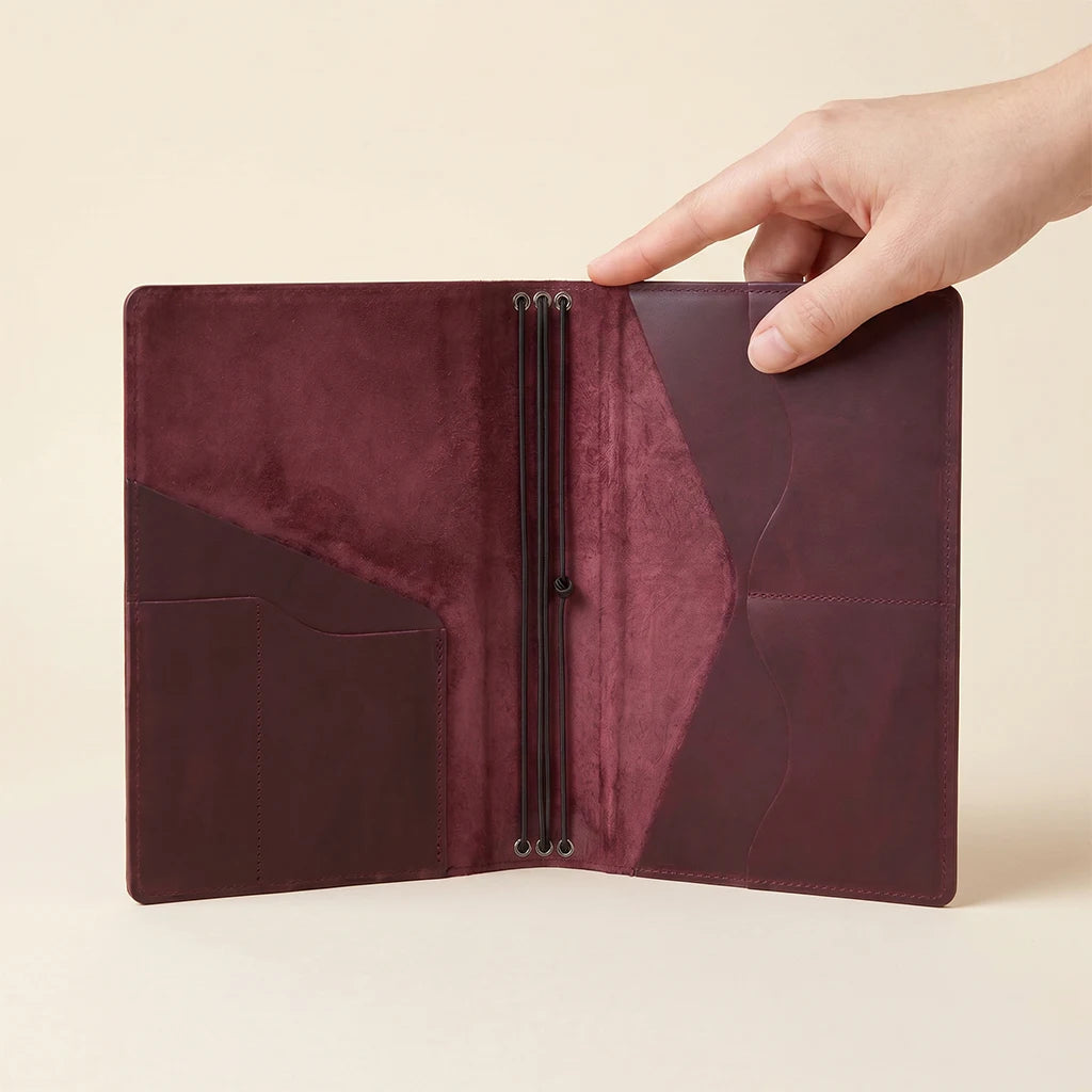 Refillable leather notebook organizer with card slots and elastic bands.