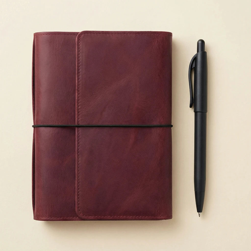 Brown leather notebook with a black pen on a beige background