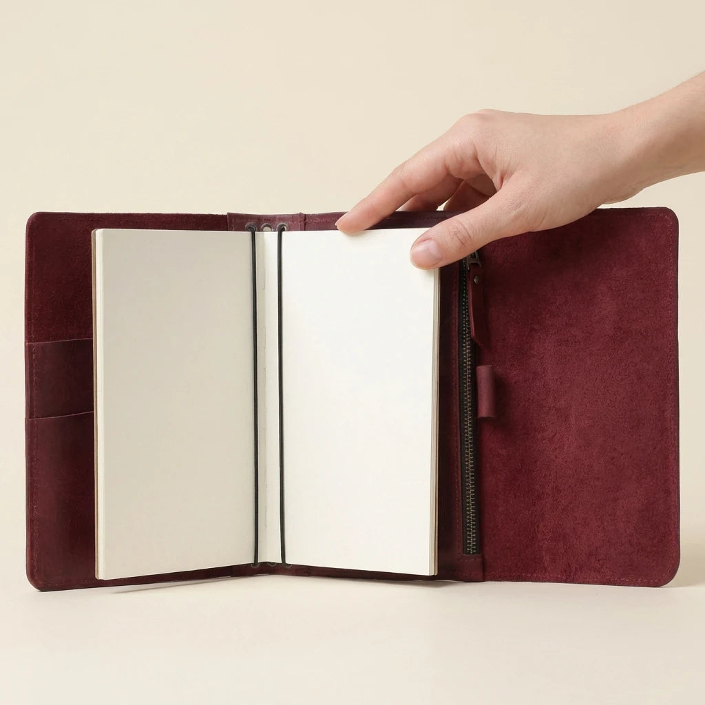 Hand holding a burgundy leather notebook with a beige background