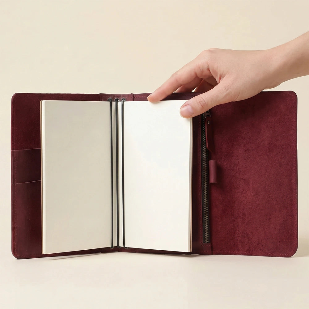 Genuine leather notebook organizer with pen holder and elastic bands.