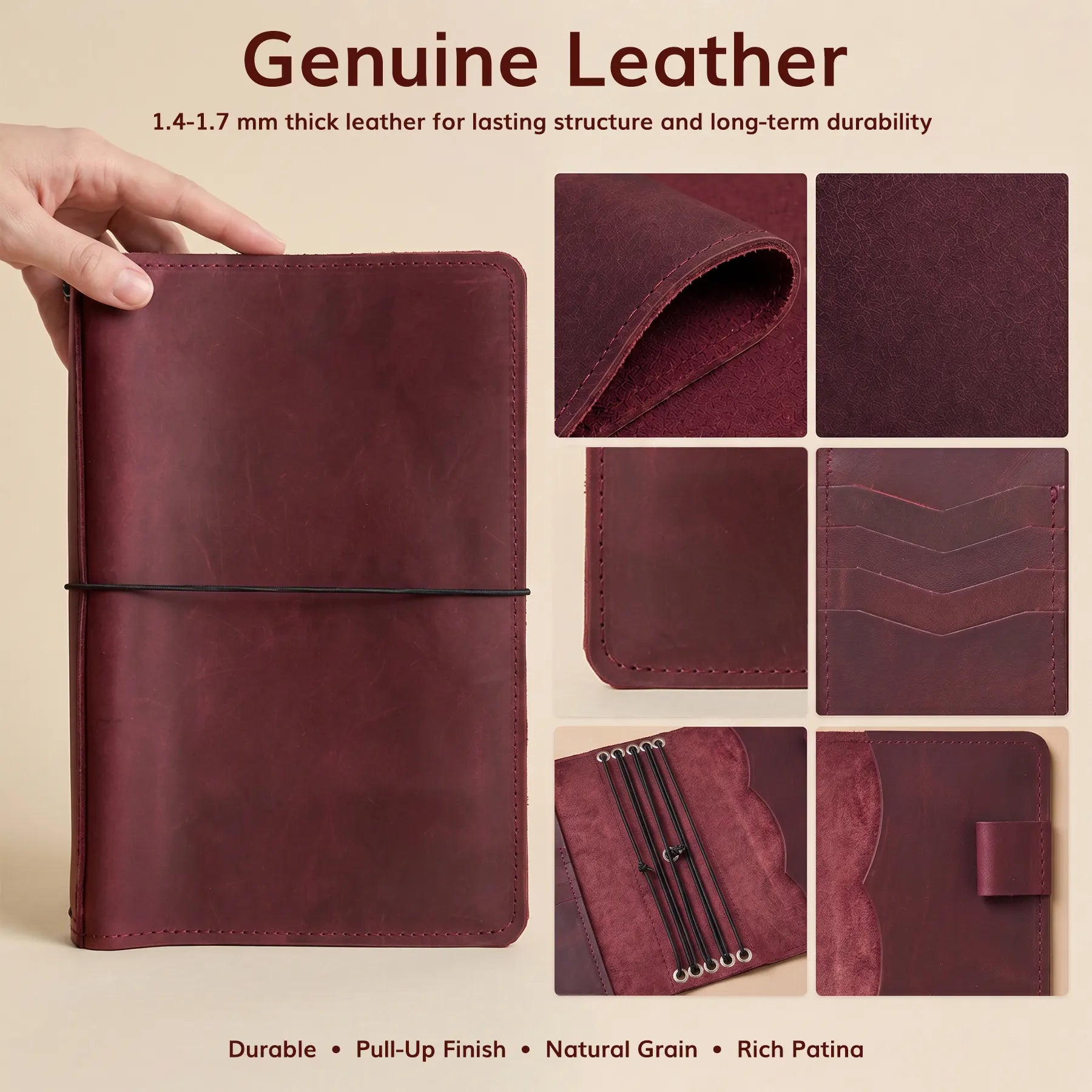 Handmade genuine leather notebook cover with elastic bands, pockets, and convenient pen holder design.