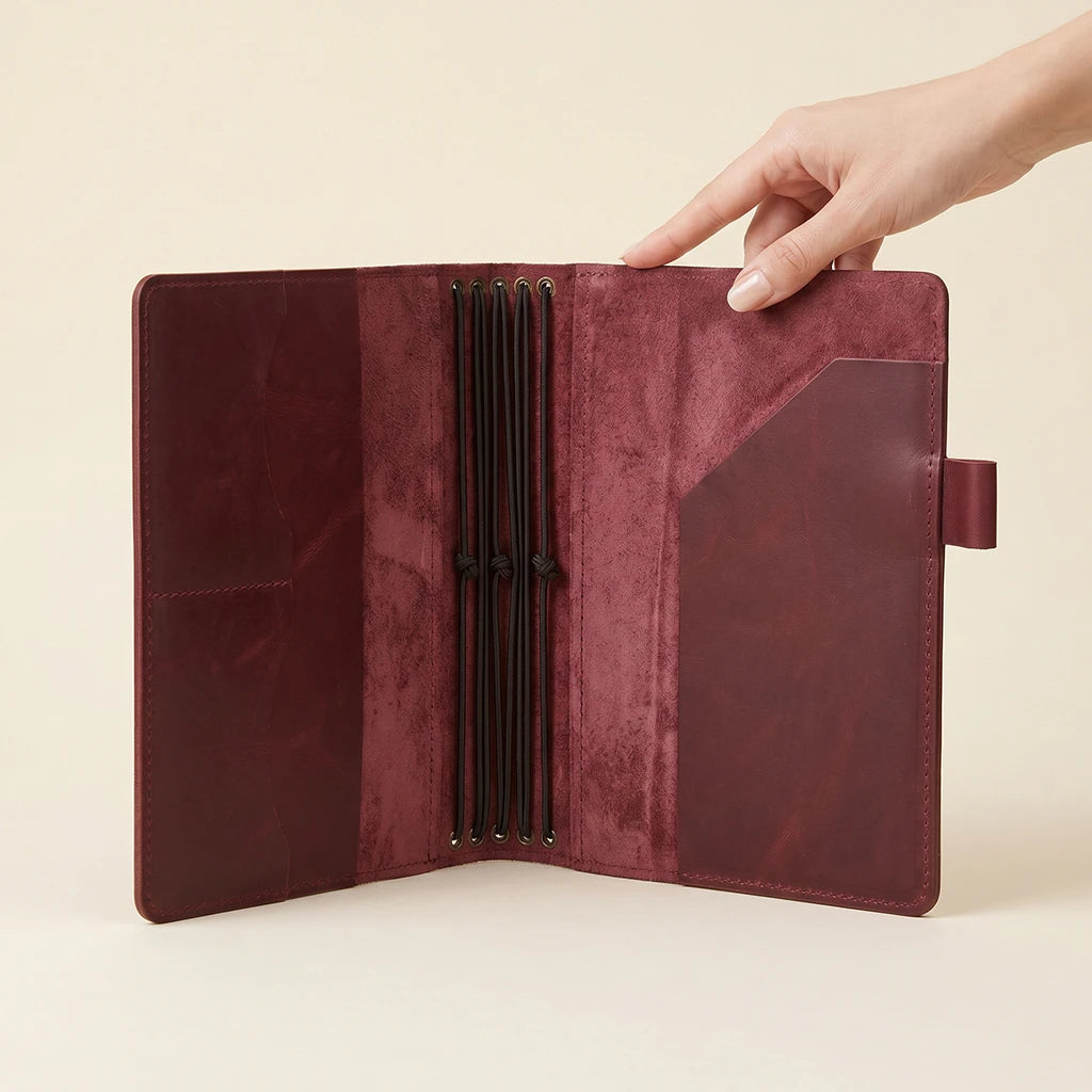 Refillable notebook organizer crafted from leather with inner pocket details