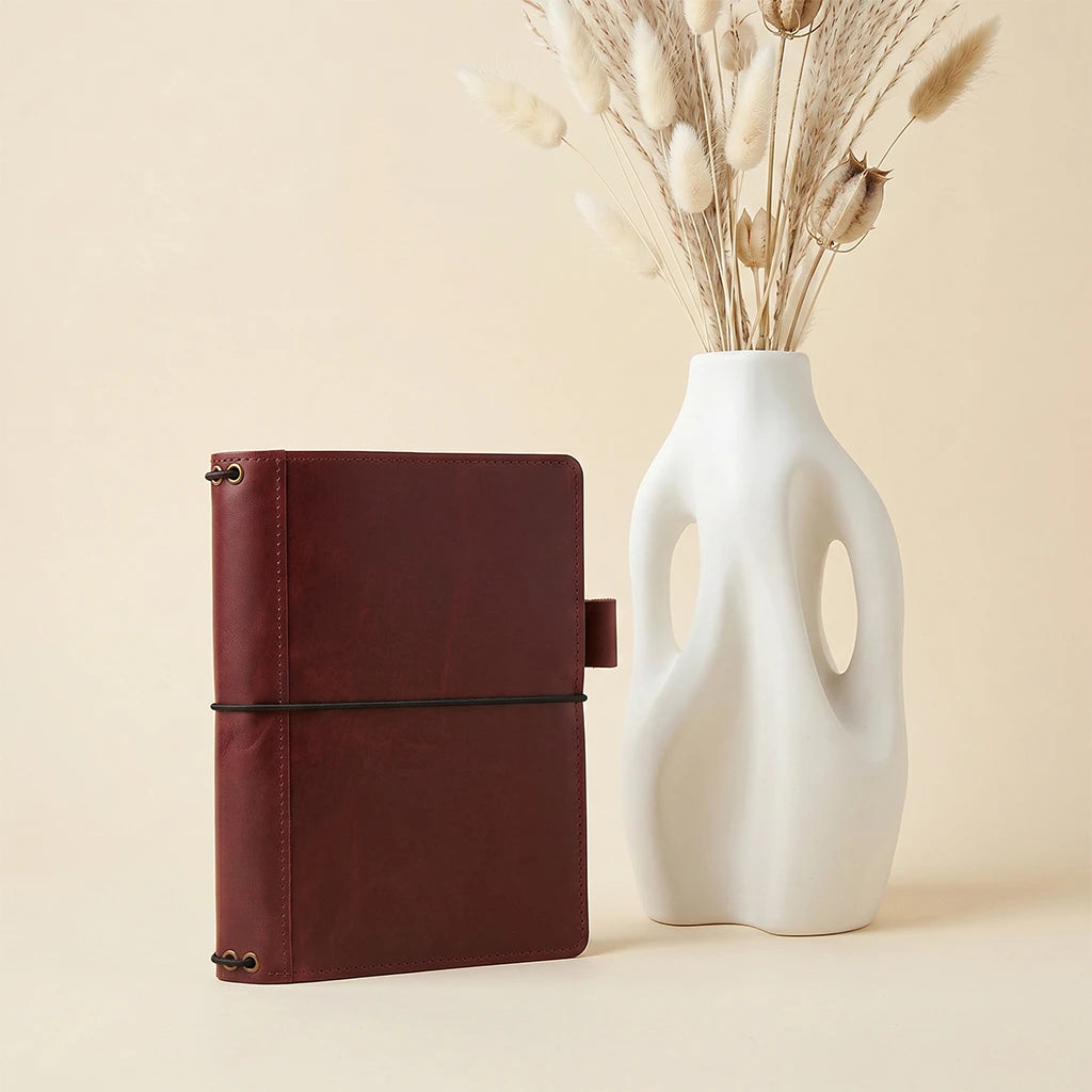Refillable notebook journal cover with leather pockets and pen holder