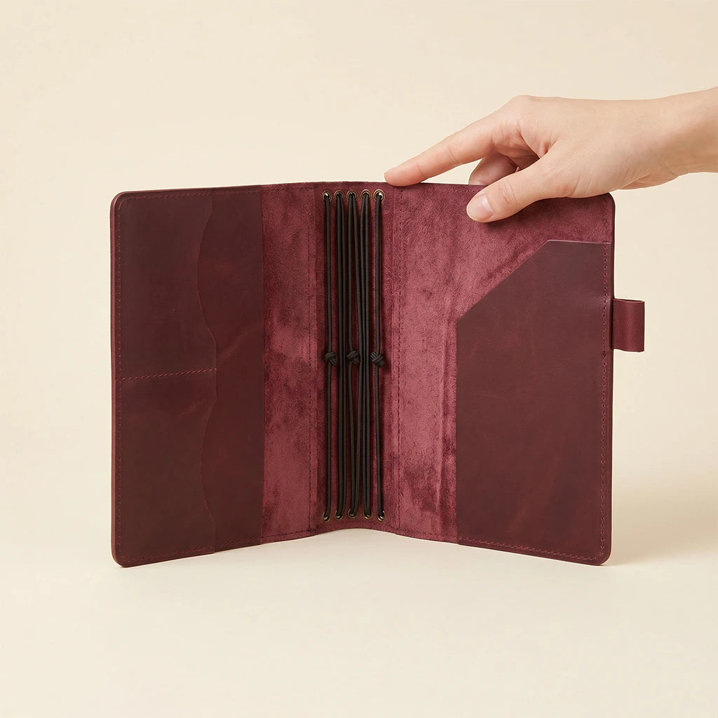Leather notebook sleeve crafted with elastic inserts and storage details