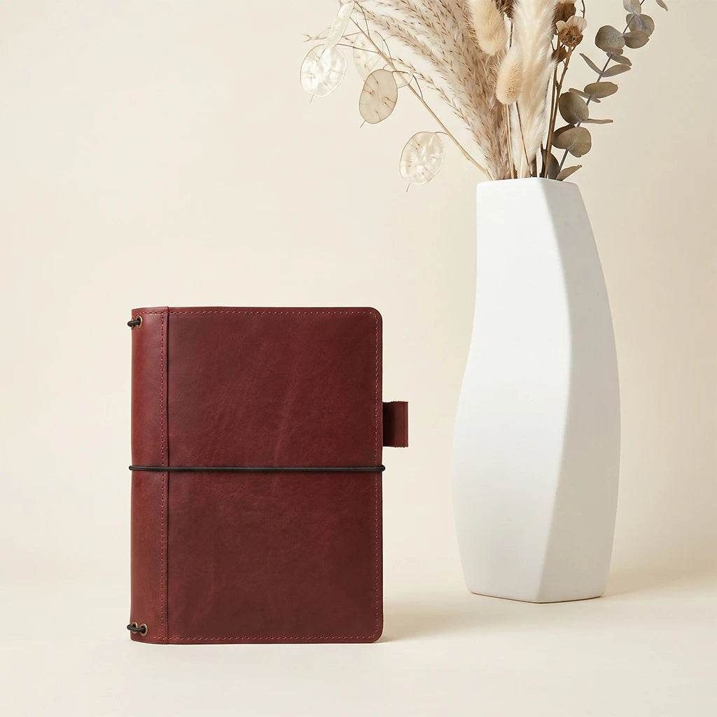 Leather notebook organizer cover with five elastic bands and pocket compartments