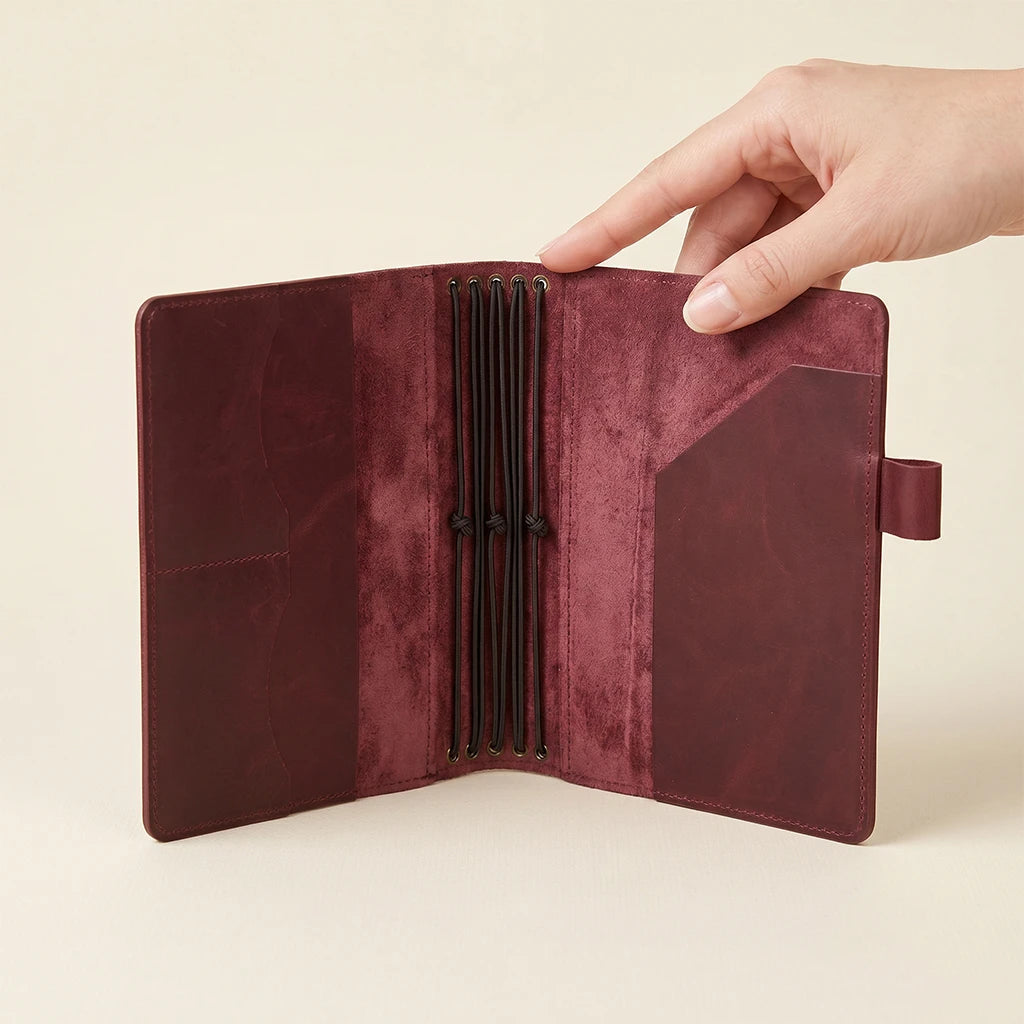 Rustic leather journal cover with interior card pockets and pen loop