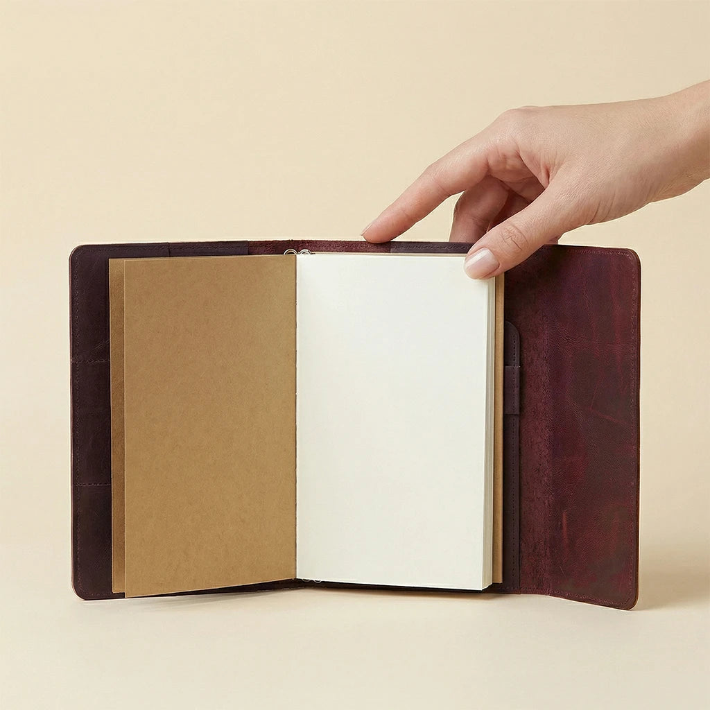 Hand holding a open leather-bound notebook with beige interior on a beige background