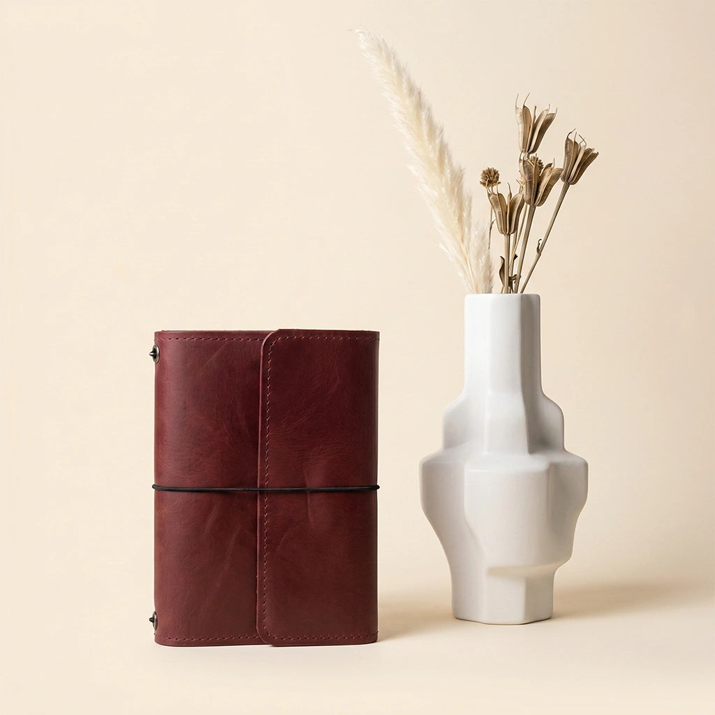 Leather journal organizer with pen loop, elastic straps, and functional interior pockets.