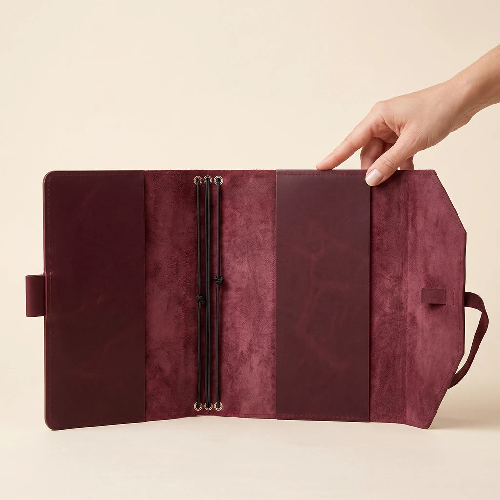 Premium journal cover with leather construction and practical writing tool holder.