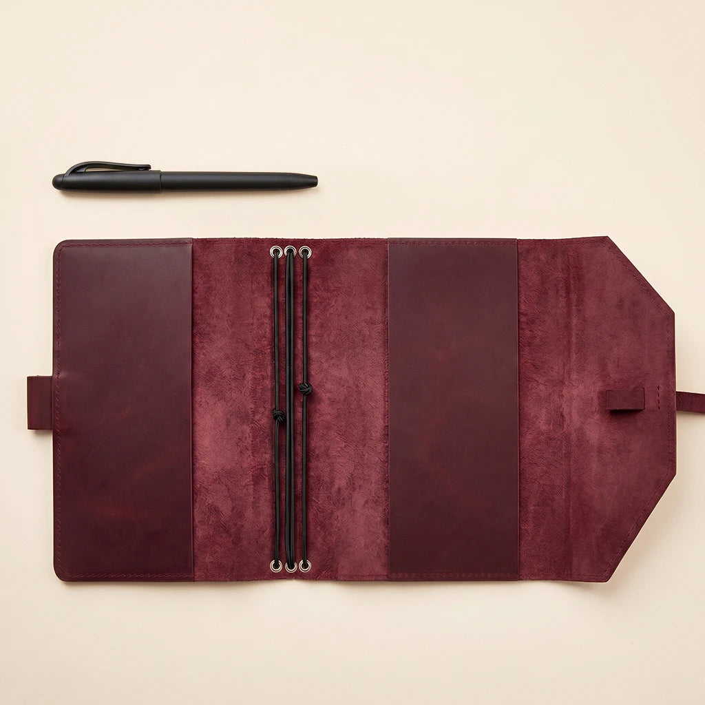 Leather journal sleeve combining refillable function with elastic closure and pen holder.