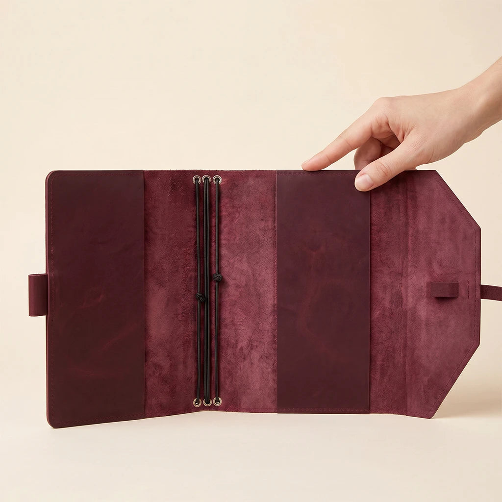Compact leather notebook cover featuring elastic retention and pen carrying detail.