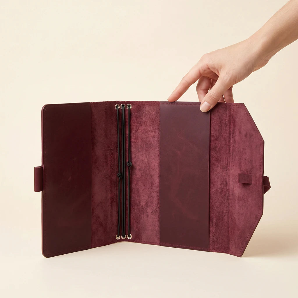 Leather cover for notebooks featuring flexible elastics and integrated pen storage.