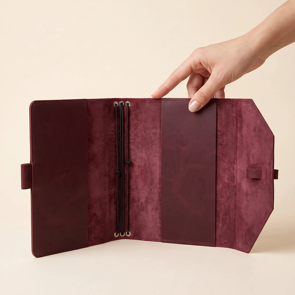 Practical leather notebook holder with elastic straps and integrated pen accessory loop.