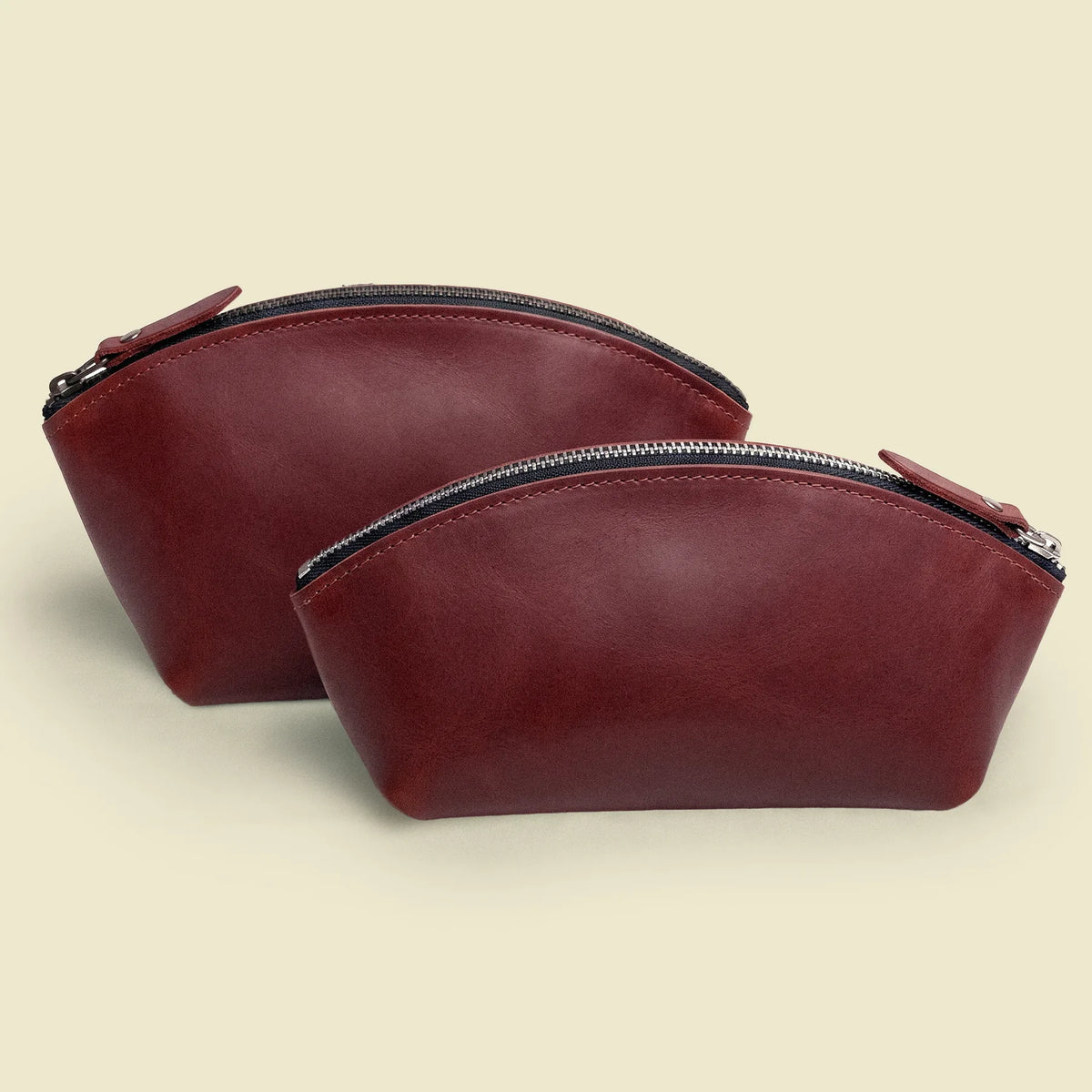 Handmade genuine leather makeup pouch with secure zipper fastening for travel