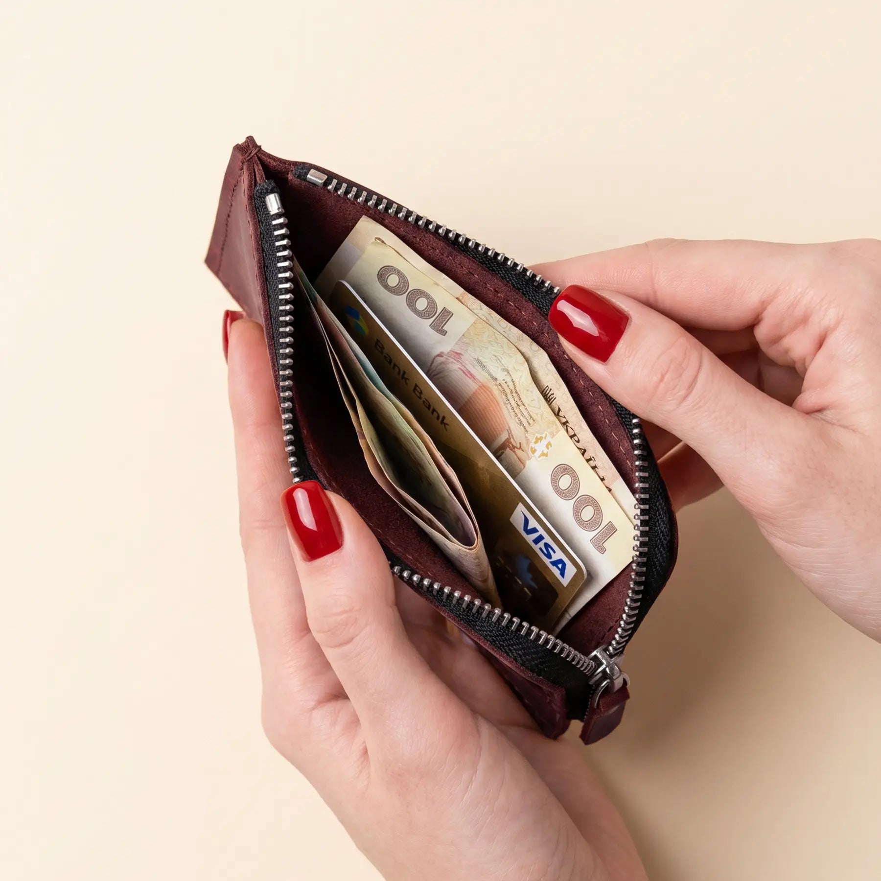 Genuine leather zip wallet featuring slim design, secure storage, and durable handcrafted quality.