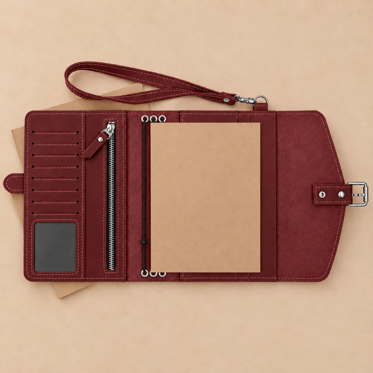 Handmade Crazy Horse leather notebook case with pockets and convenient wrist handle