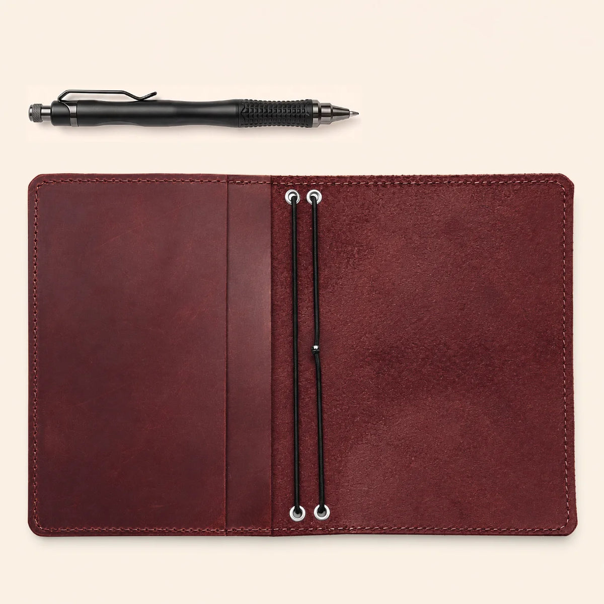 Premium genuine leather journal cover crafted with two elastic bands and inner pockets