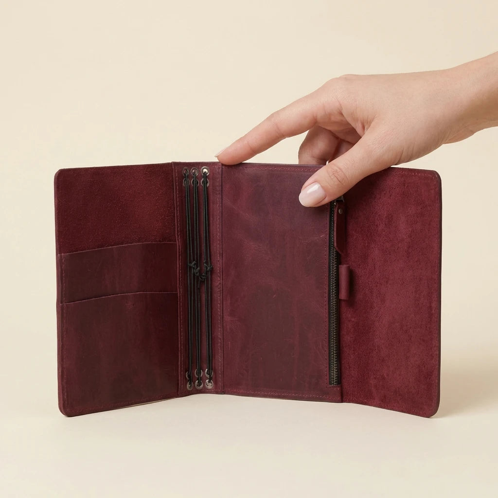 Hand holding a burgundy leather journal against a beige background