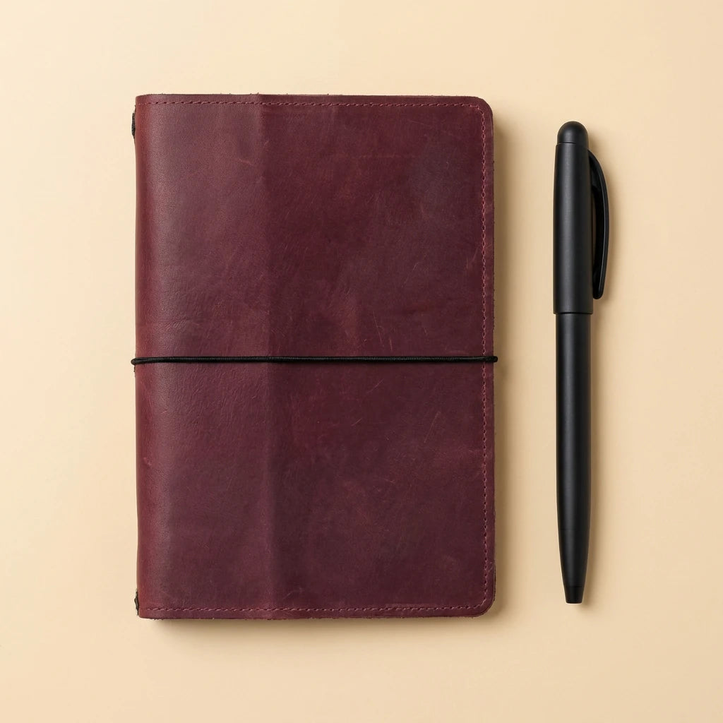 Maroon leather notebook with a black pen on a beige background