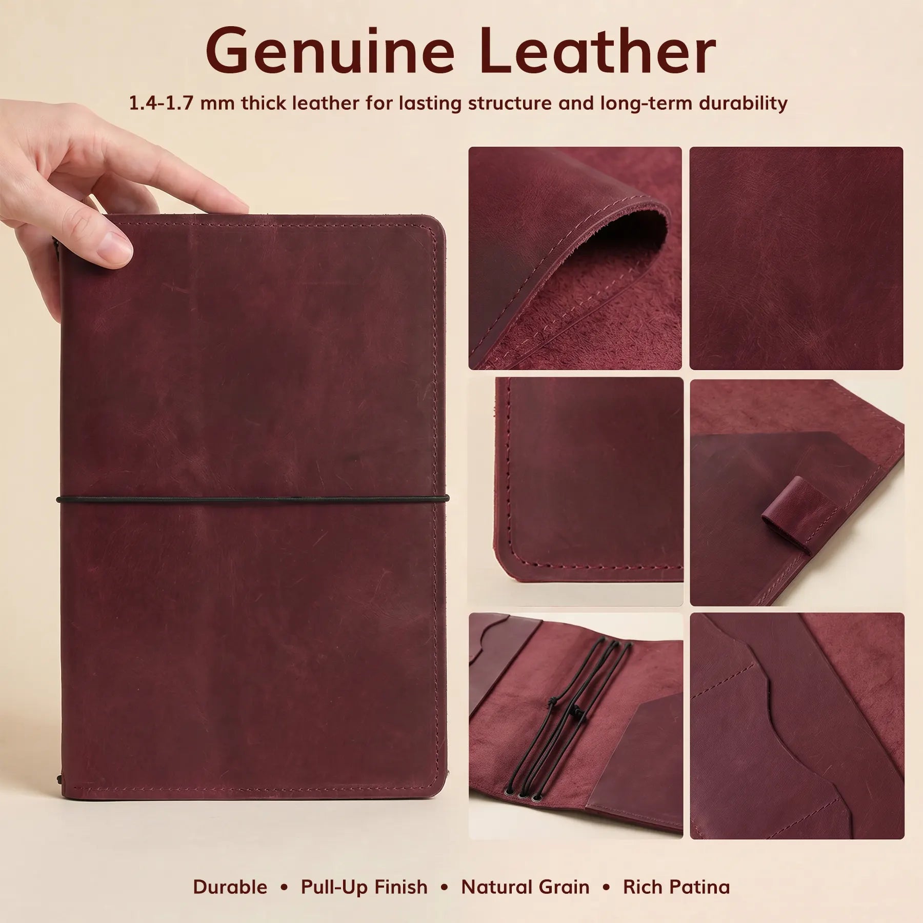 Premium leather notebook holder with handcrafted details, elastic closures, and functional interior compartments.