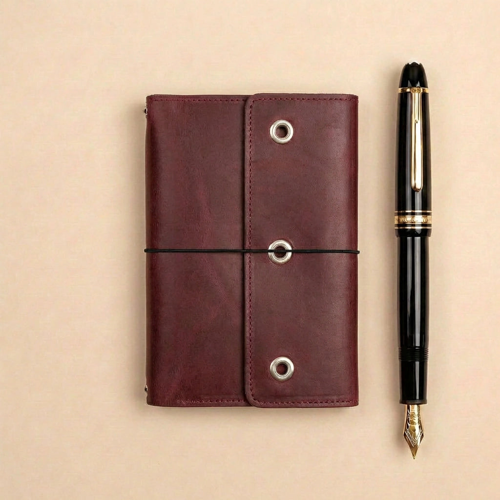 Brown leather notebook with a black fountain pen on a beige background