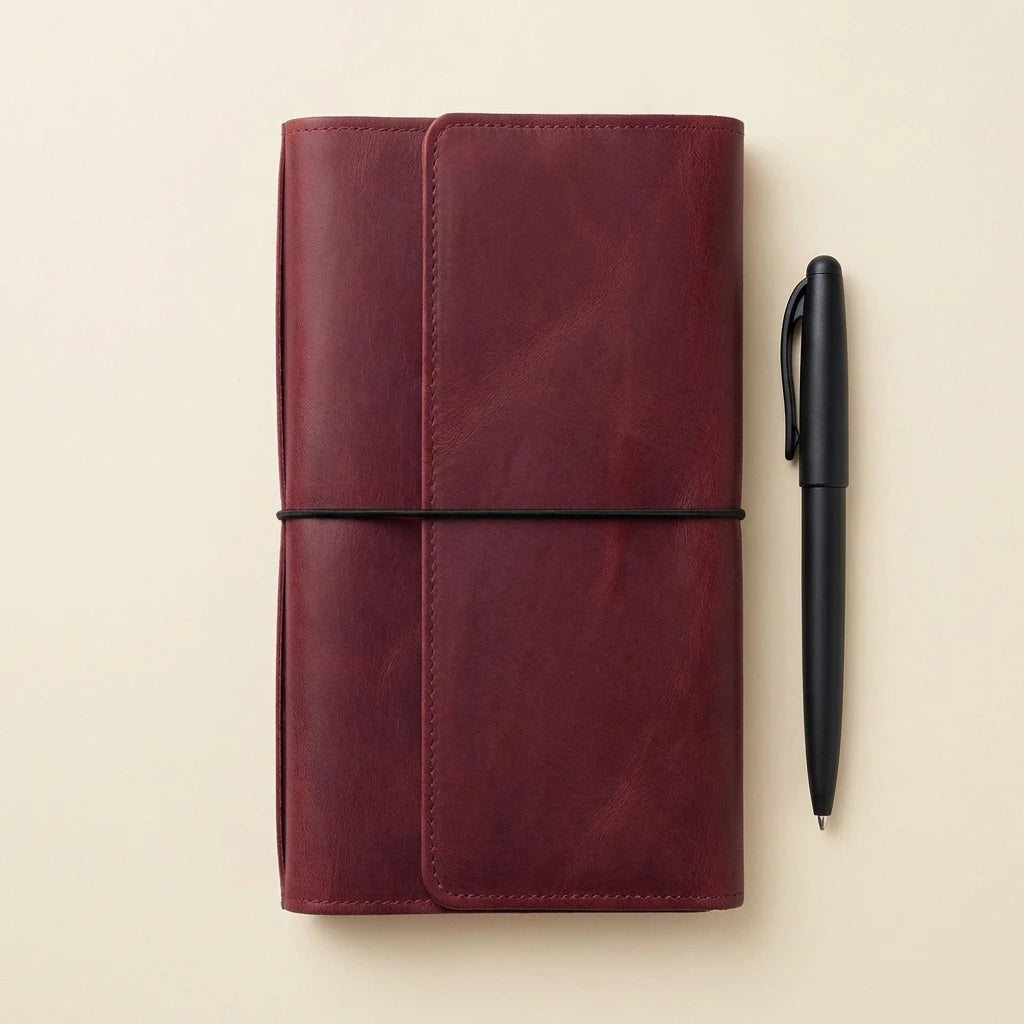 Brown leather notebook with a black pen on a beige background