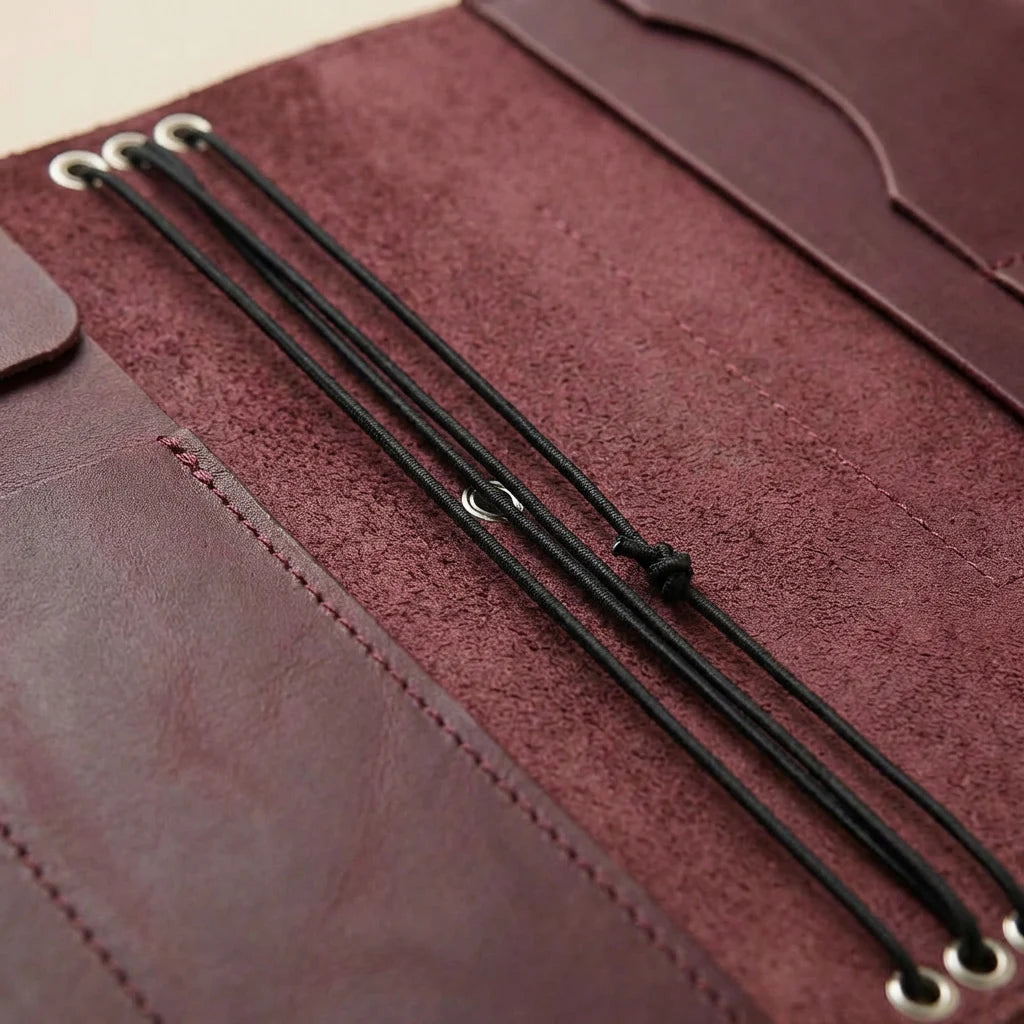 Close-up of a brown leather journal cover with black strings and metal clasps.