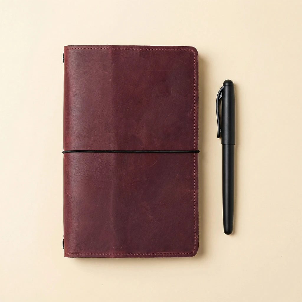 Brown leather notebook with a black pen on a beige background
