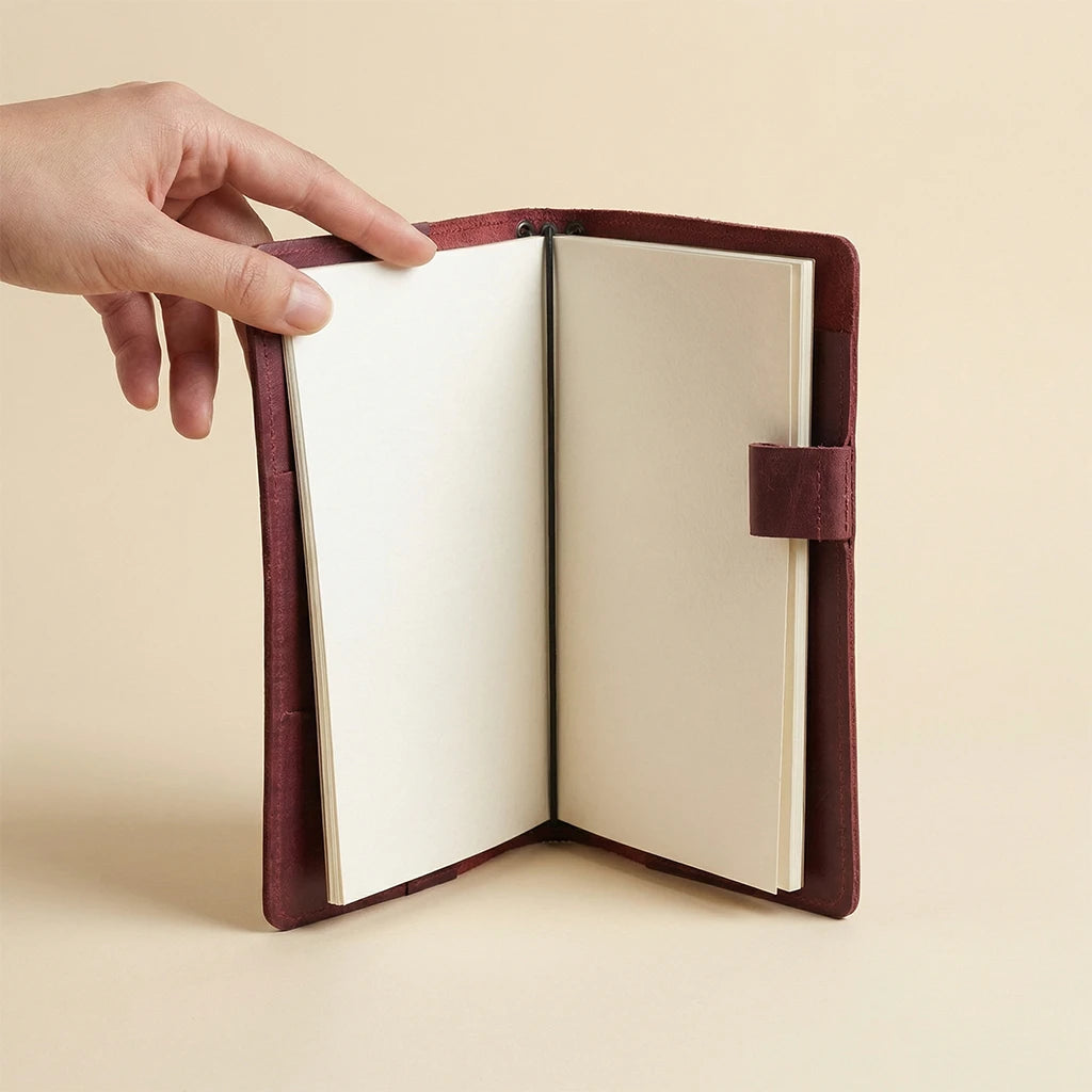 Hand holding an open leather notebook with a beige background