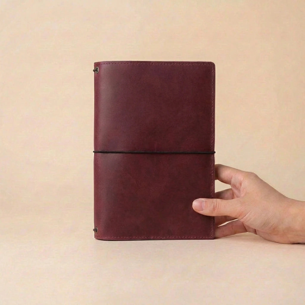 Burgundy leather notebook held by a hand against a beige background