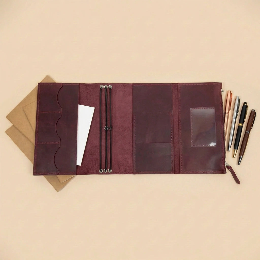Brown leather organizer with pen holder on a beige background