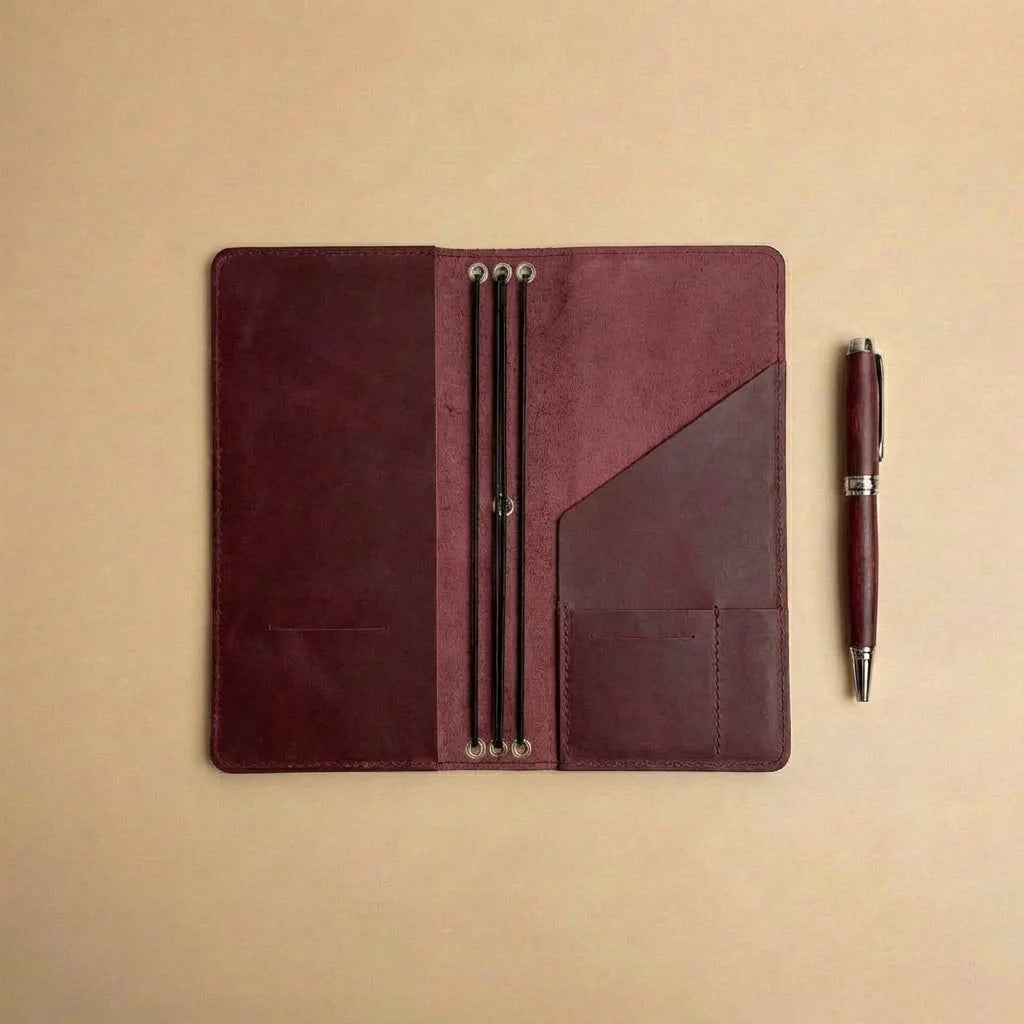 Brown leather notebook with pen on a beige background