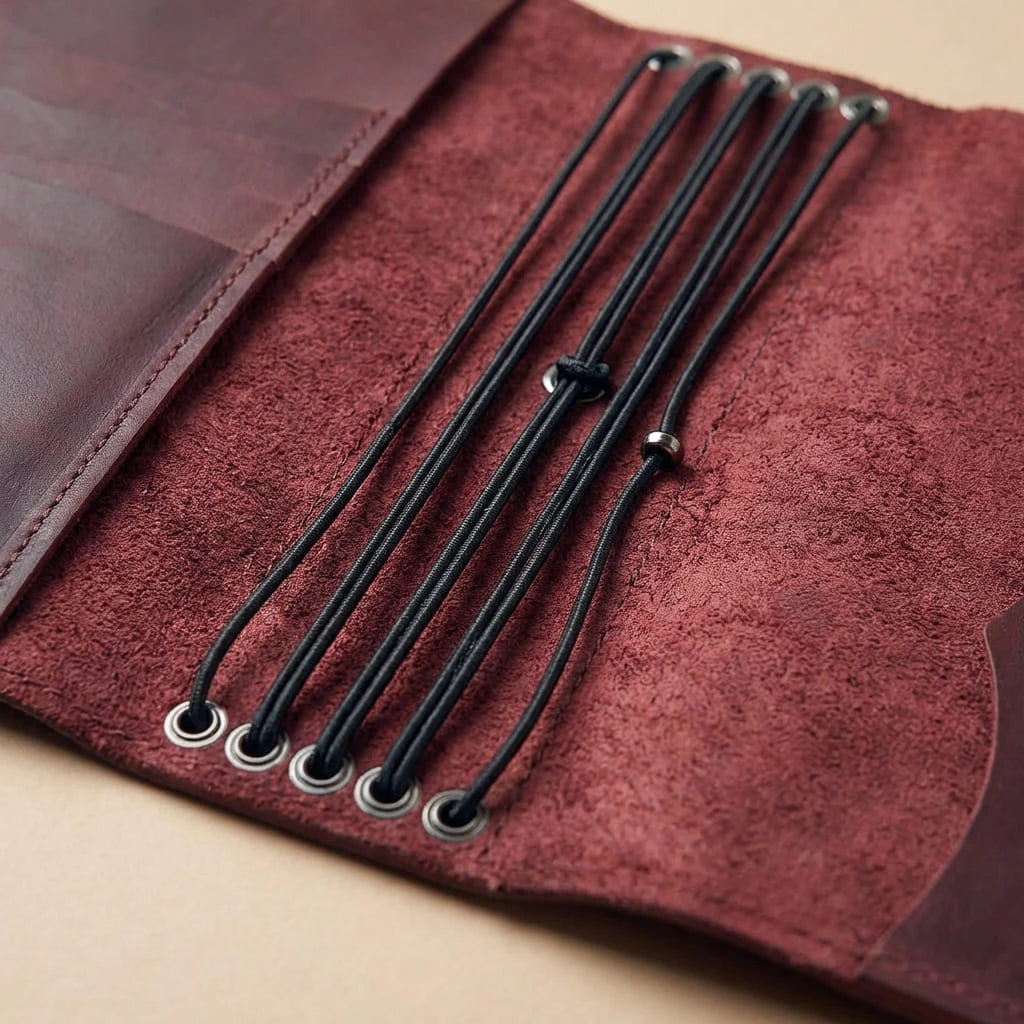 Close-up of a maroon leather journal cover with black strings on a beige background