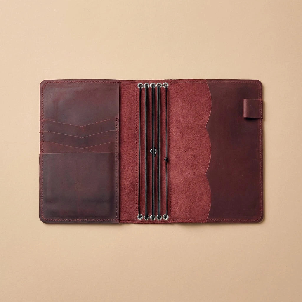 Brown leather journal cover with pen holder on a beige background