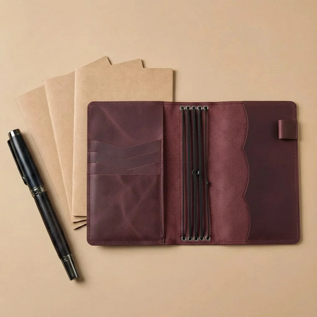 Brown leather journal cover with pens and notebooks on a beige background