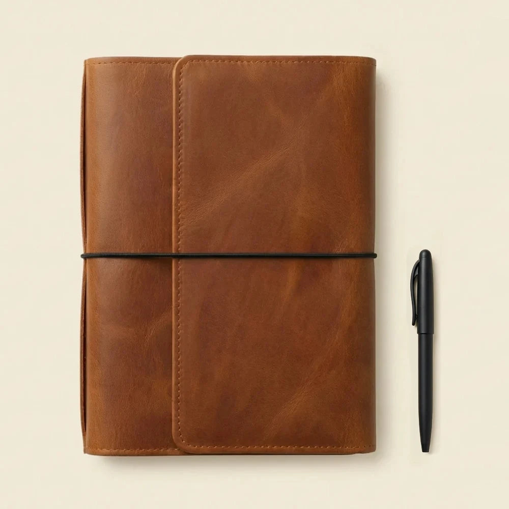 Genuine leather journal cover designed with elastic straps and convenient interior compartments.