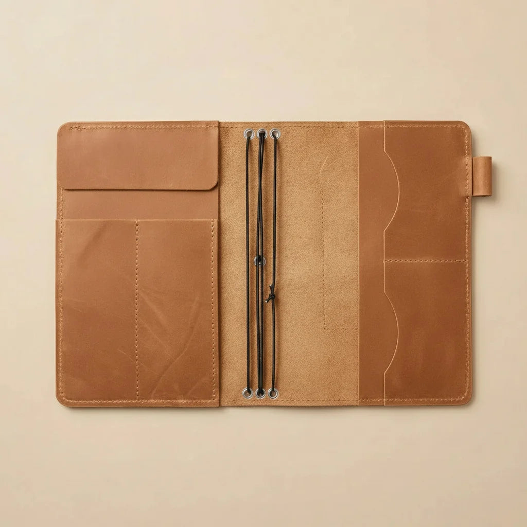 Brown leather case with a strap on a beige background