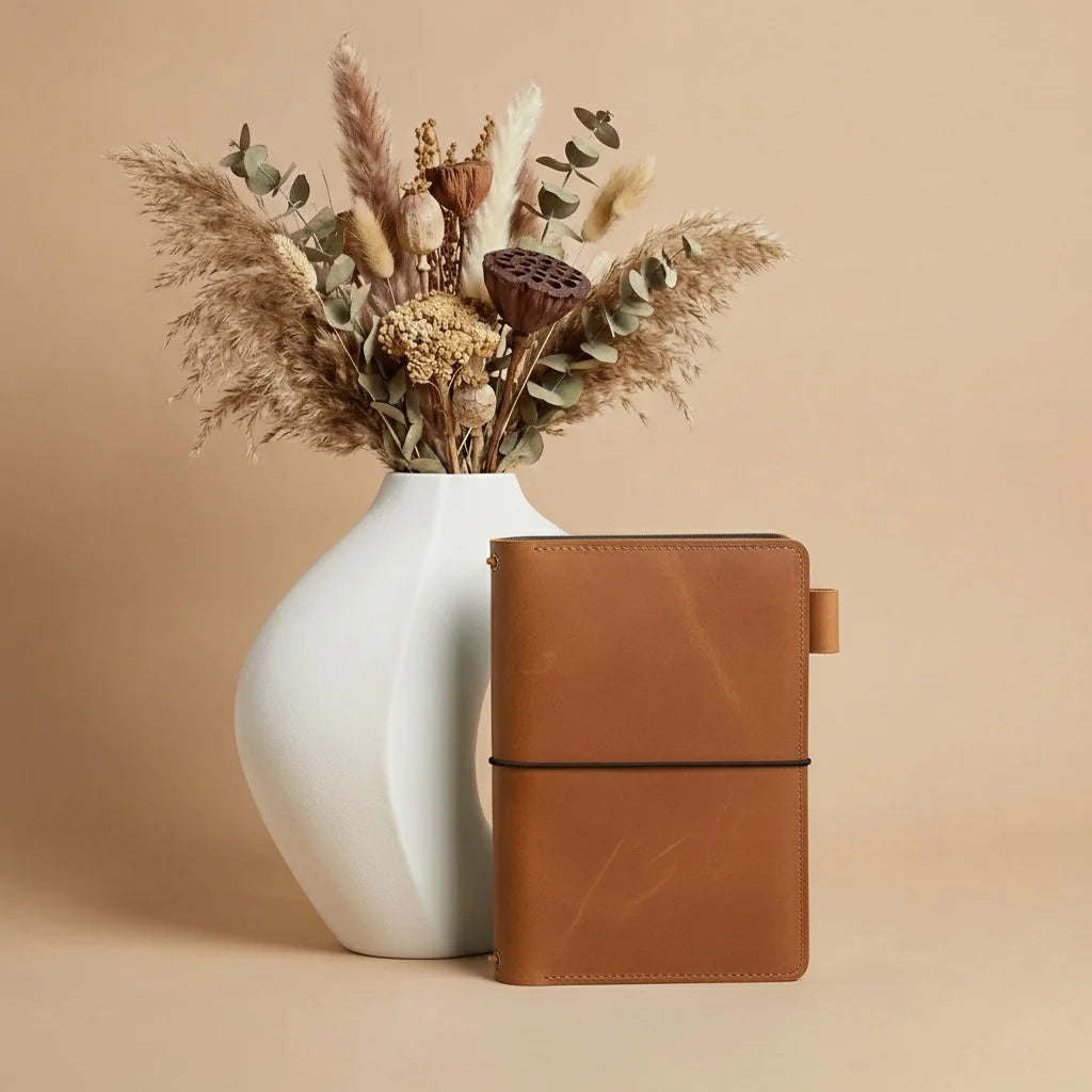 White vase with dried flowers next to a brown leather notebook on a beige background