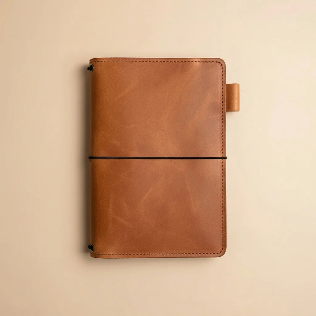 Brown leather notebook on a beige background