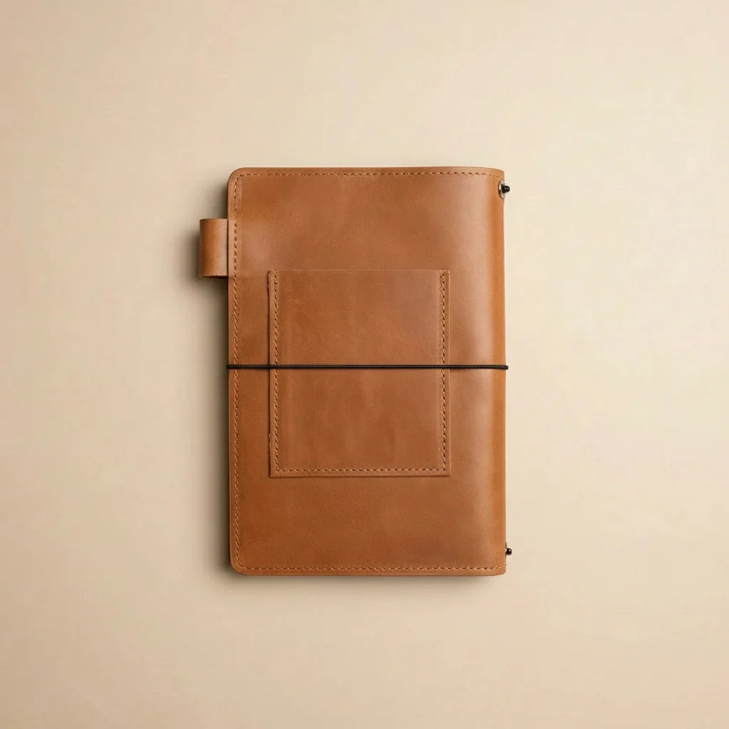 Brown leather notebook on a beige background