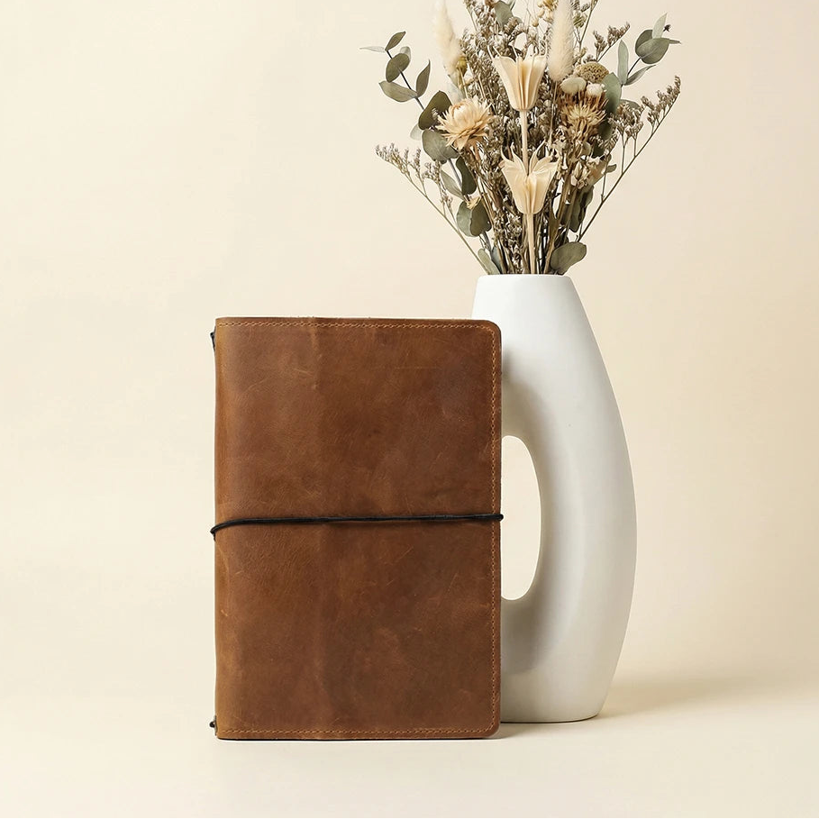 Brown leather notebook next to a white vase with dried flowers on a beige background