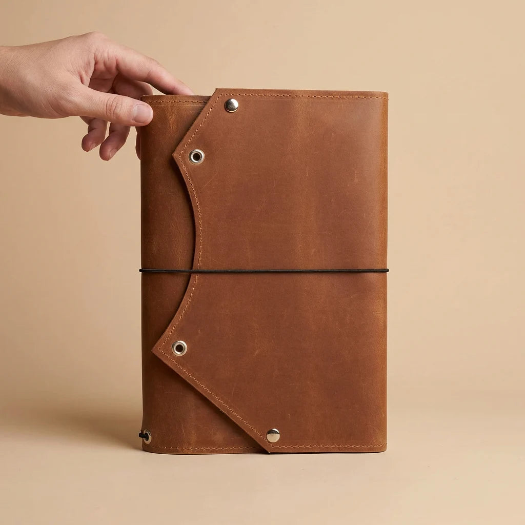 Brown leather notebook held by a hand on a beige background