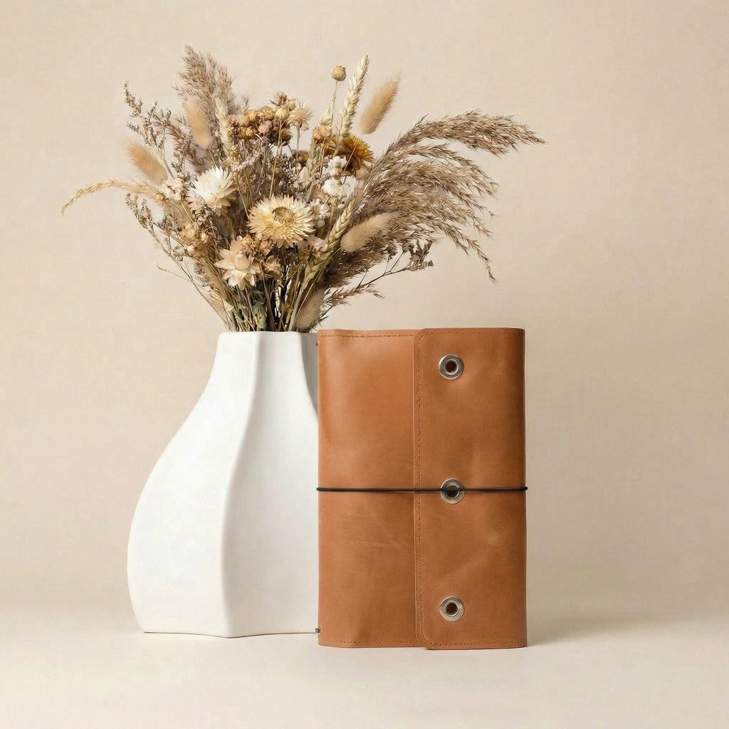 White vase with dried flowers next to a brown leather-bound book on a beige background