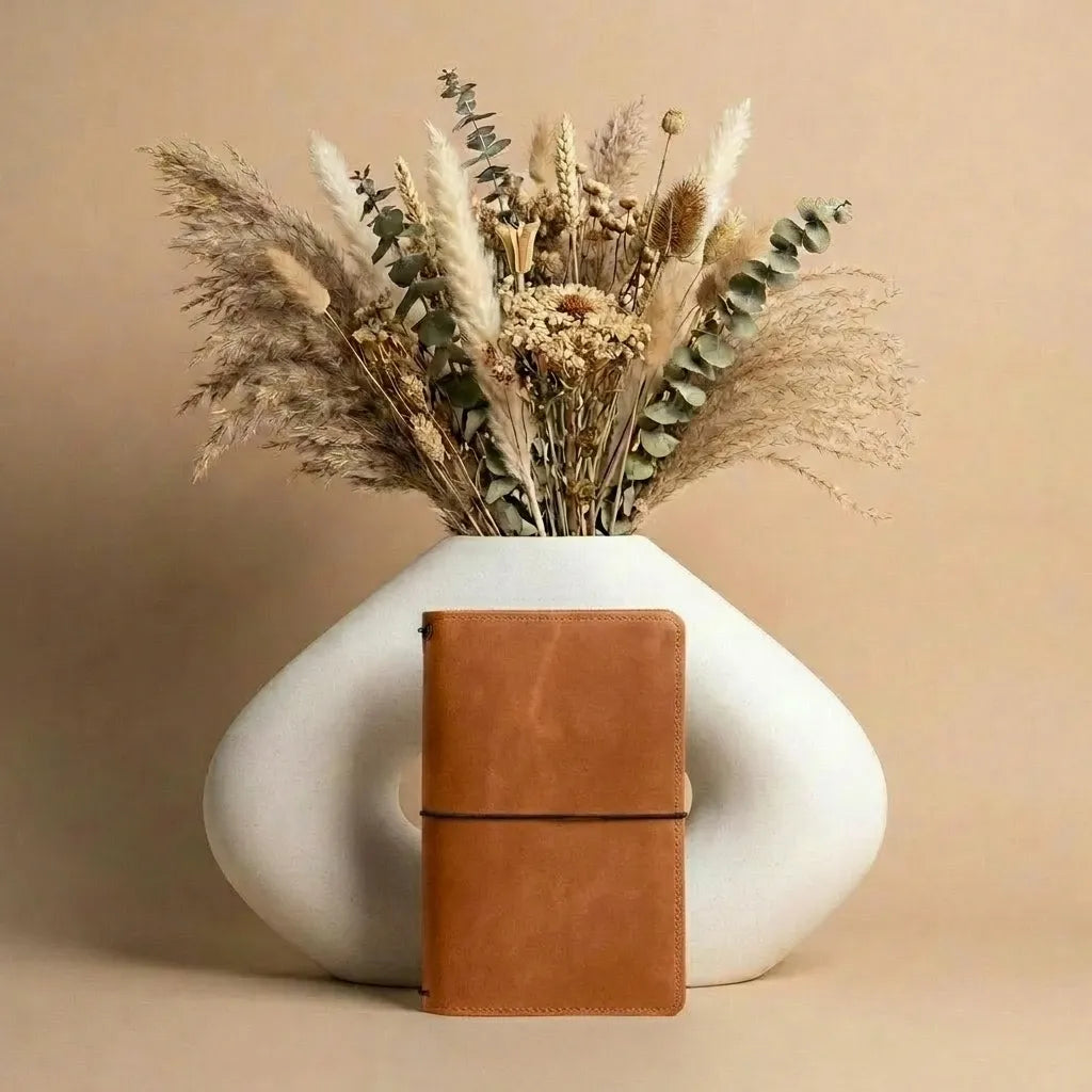 Genuine leather notebook cover with elastic closure and functional organizer pockets