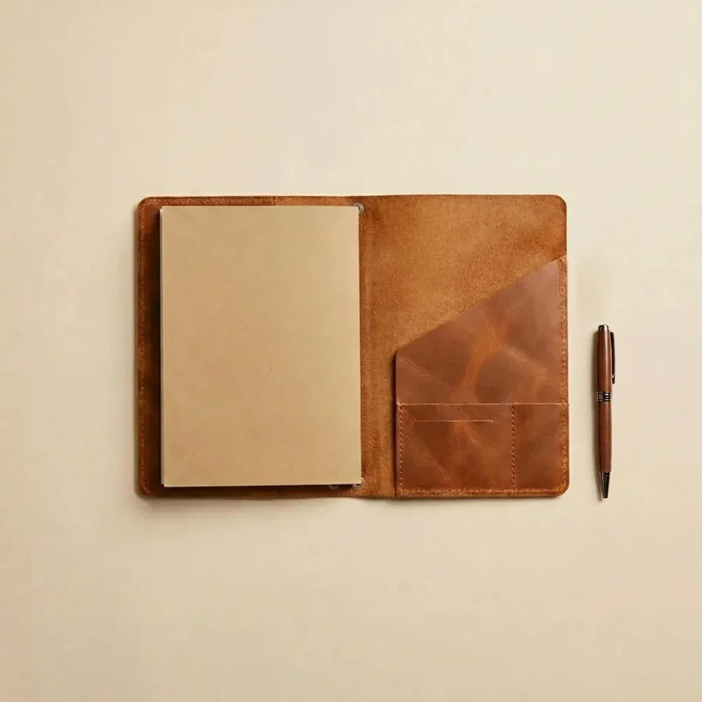Handmade leather diary cover featuring interior pockets and strong elastic notebook holders.